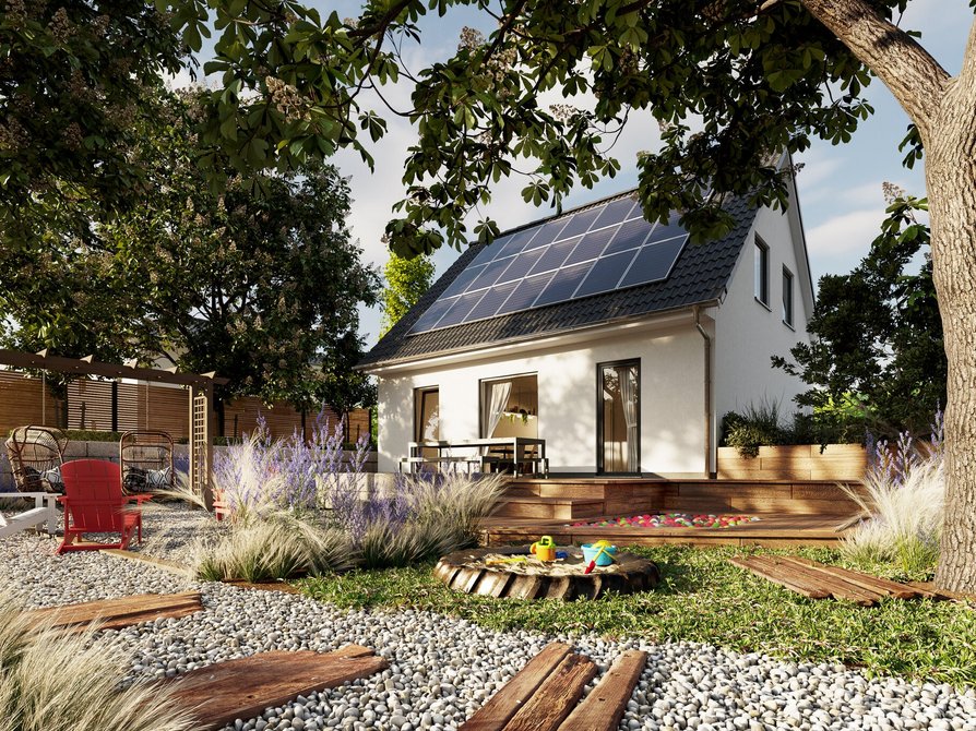 Das Flair 110 in Variante Elegance in Weiss mit Photovoltaikanlage und Blick in den Garten mit Terrasse