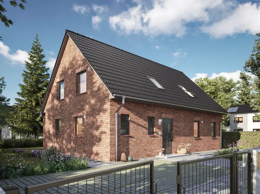 Das Zweifamilienhaus Domizil 192 in der Klinker-Variante bietet einen attraktiven Blick von der Straße aus