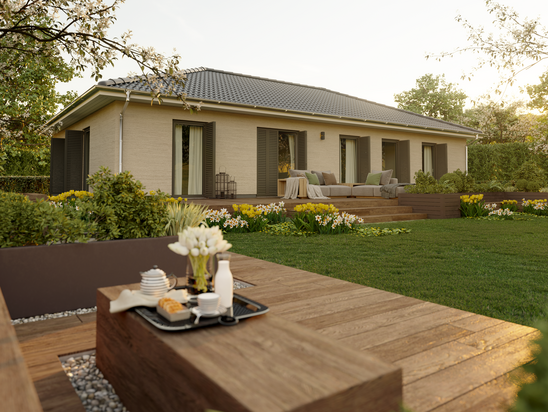 Durchdacht geplant: Bungalow 131 mit Gartenblick Bungalow 131 mit Terrasse und Gartenansicht – Beispiel für eine durchdachte Planung beim Bungalowkauf mit komfortablem Wohnkonzept auf einer Ebene